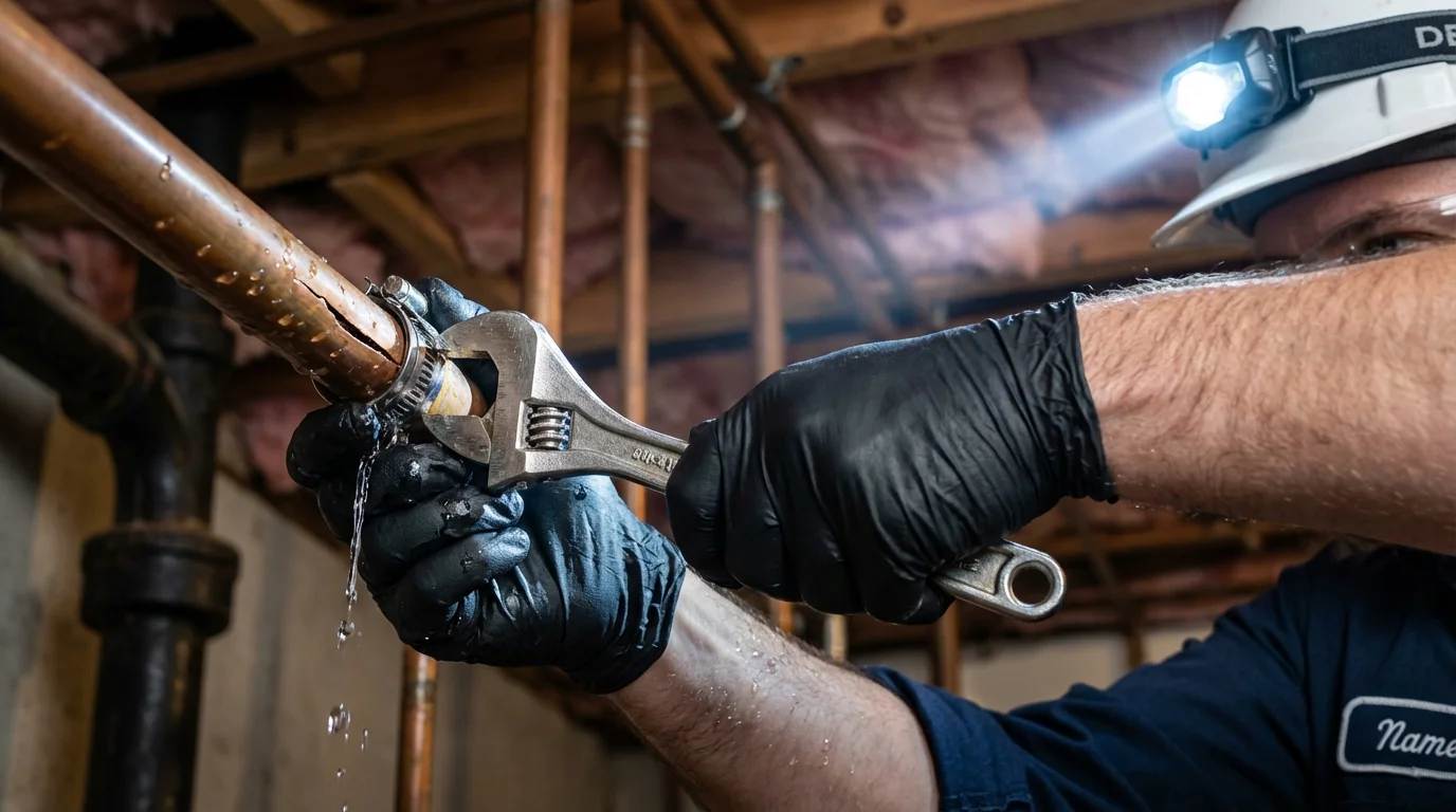 Emergency pipe clamp repair being performed by a Johns Plumbing LLC plumber in Roan Mountain