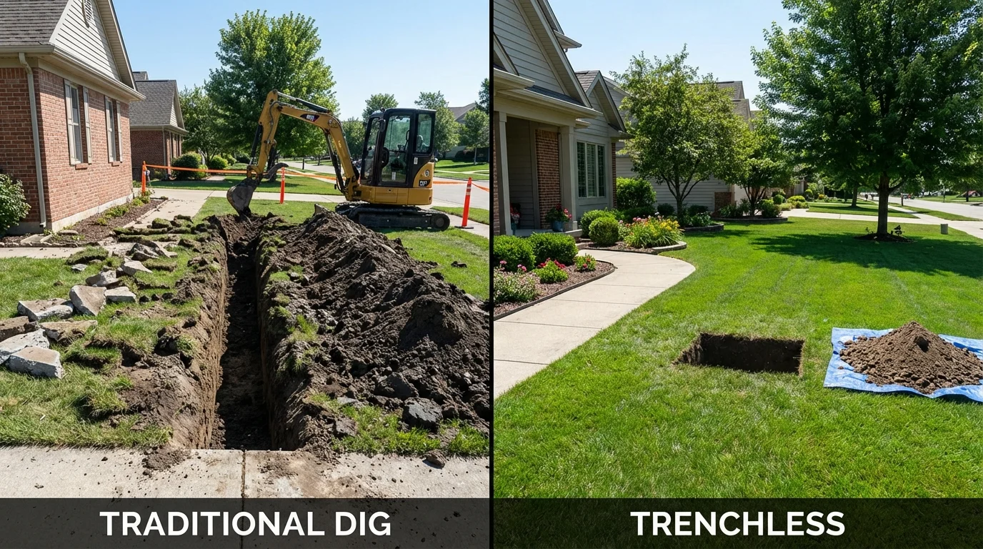 Trenchless sewer repair with minimal yard damage versus traditional excavation in Roan Mountain, TN